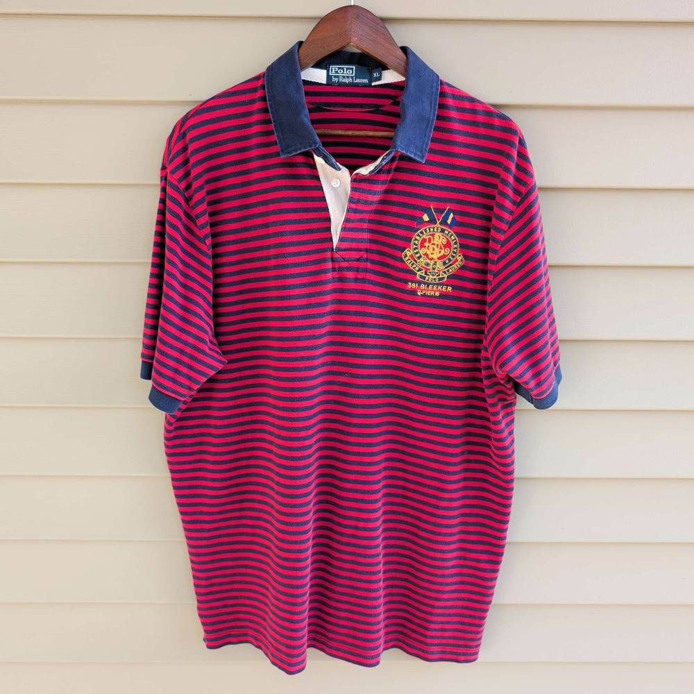 Polo Ralph Lauren Polo Shirt Mens XL Red Navy Striped Embroidered Crest Bleecker